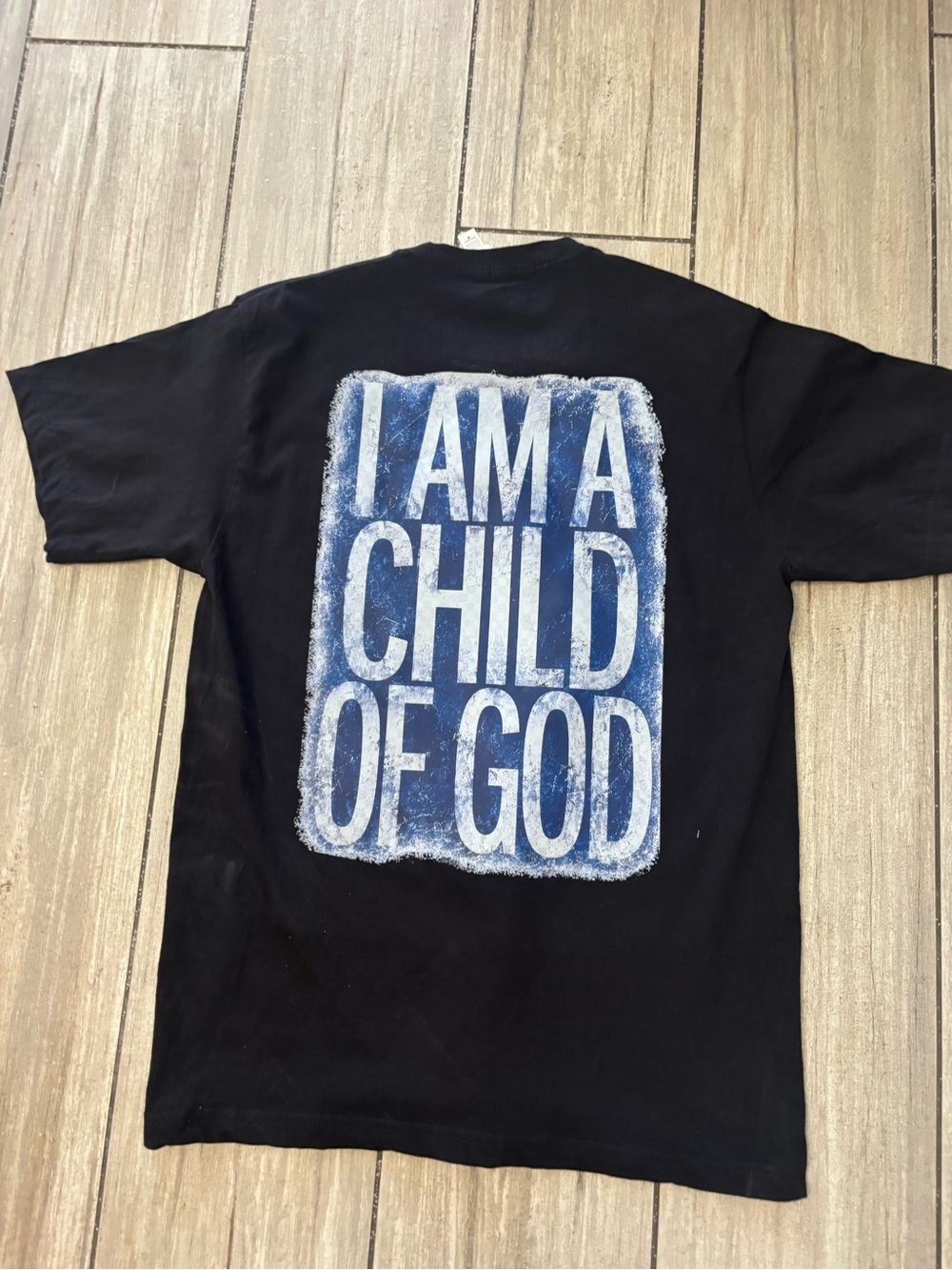 Unisex Medium Black Graphic Tee with Blue 'I AM A CHILD OF GOD' Print